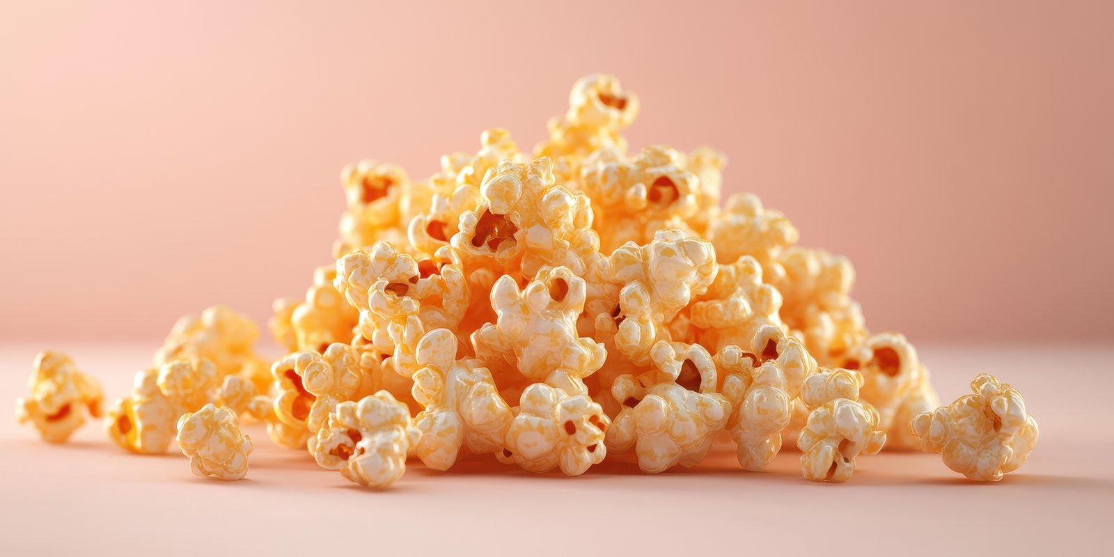 Pile of freshly popped popcorn on a soft pink background ready for movie night or snacking time
